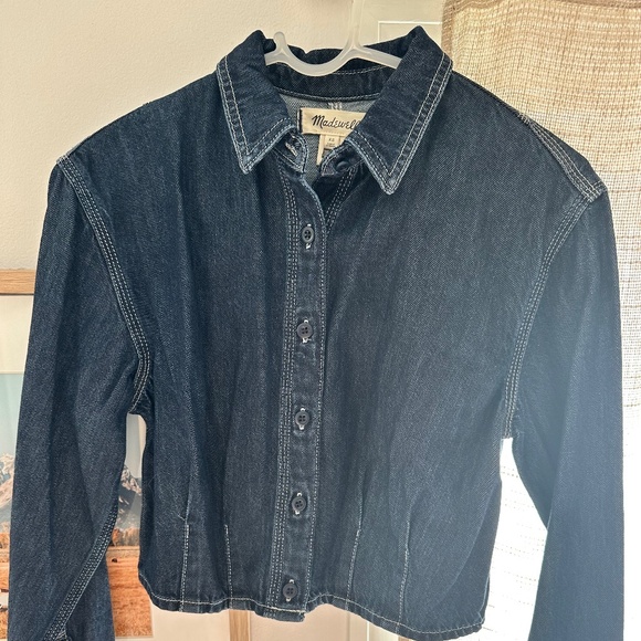 Madewell denim pleated cropped button-up shirt - Picture 1 of 4
